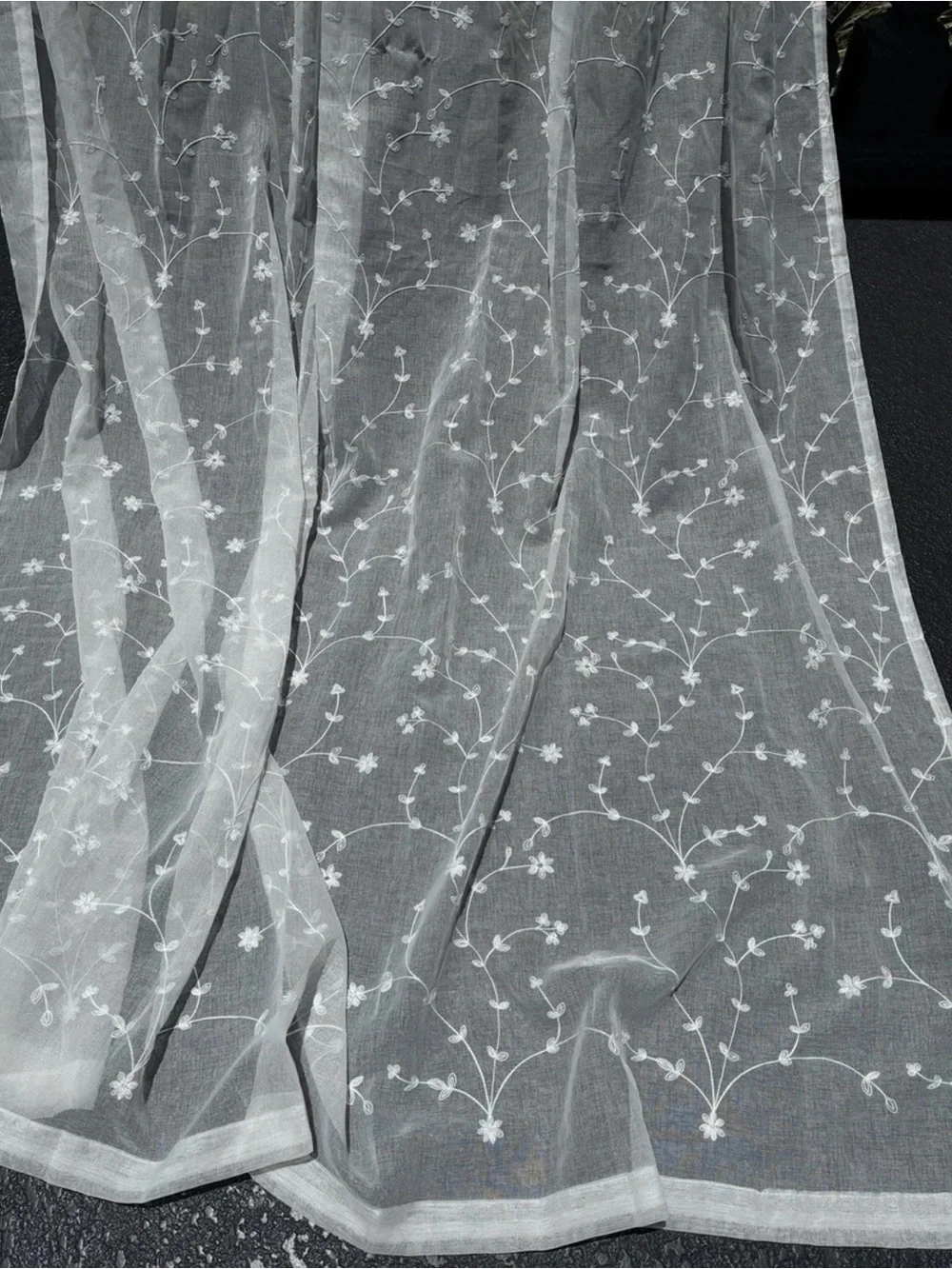 Vintage White Embroidered window curtain panel pleated large 40” x 102